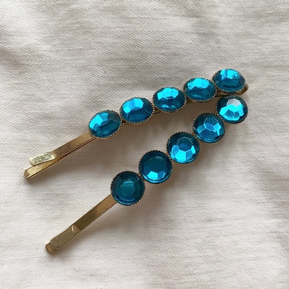 Accessories - Turquoise Rhinestone Bobby Pin Gold Hair Clips